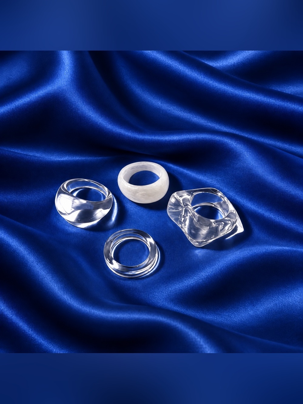 4-Piece Clear & Pearl White Acrylic Geometric Ring Set | New